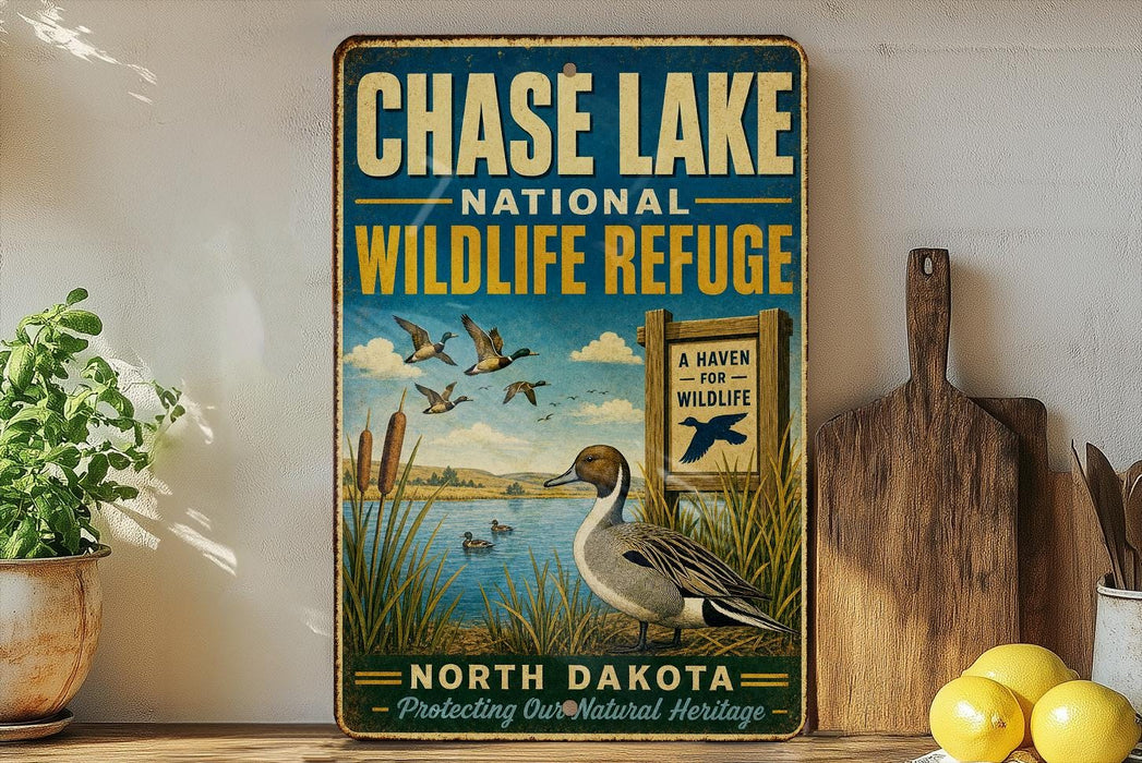 A vintage-style metal sign for the Chase Lake National Wildlife Refuge in North Dakota, featuring an illustration of ducks and a sign that says "A Haven for Wildlife".