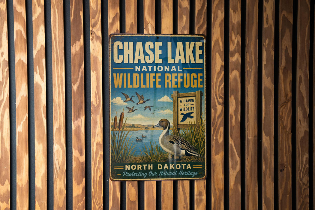 A metal sign for the Chase Lake National Wildlife Refuge in North Dakota, featuring a duck and a sign that says "A Haven for Wildlife".