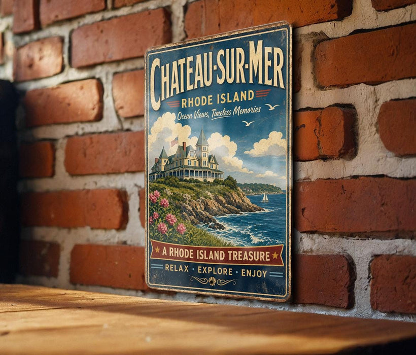 A vintage metal sign for Chateau Summer in Rhode Island, featuring a scenic coastal landscape with a house and ocean views.