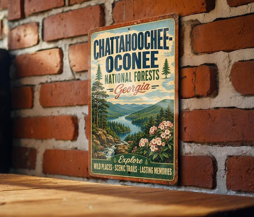 A vintage metal sign for the Chattahoochee Oconee National Forests in Georgia, featuring a scenic landscape with mountains, trees, and a river.