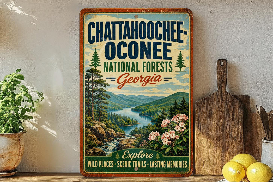 A vintage-style metal sign for the Chattahoochee Oconee National Forests in Georgia, featuring a scenic landscape with a river, mountains, and pine trees.