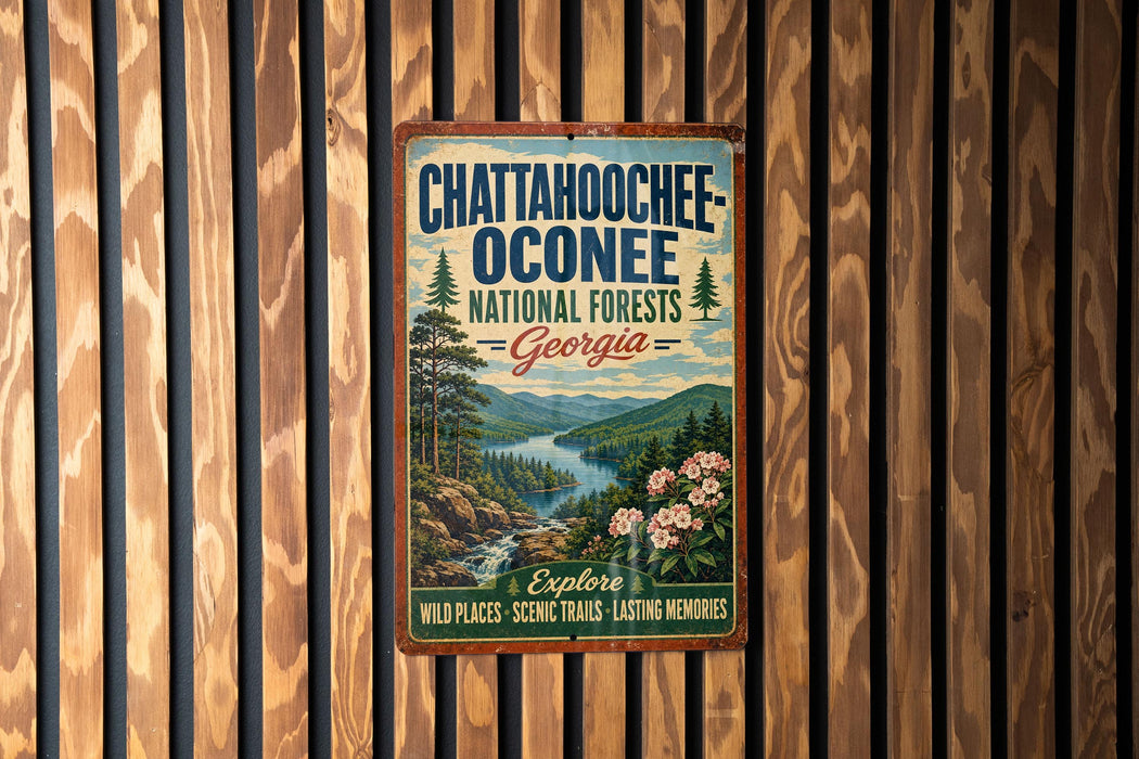 A vintage metal sign for the Chattahoochee Oconee National Forests in Georgia, featuring a scenic landscape with a river, mountains, and wildflowers.
