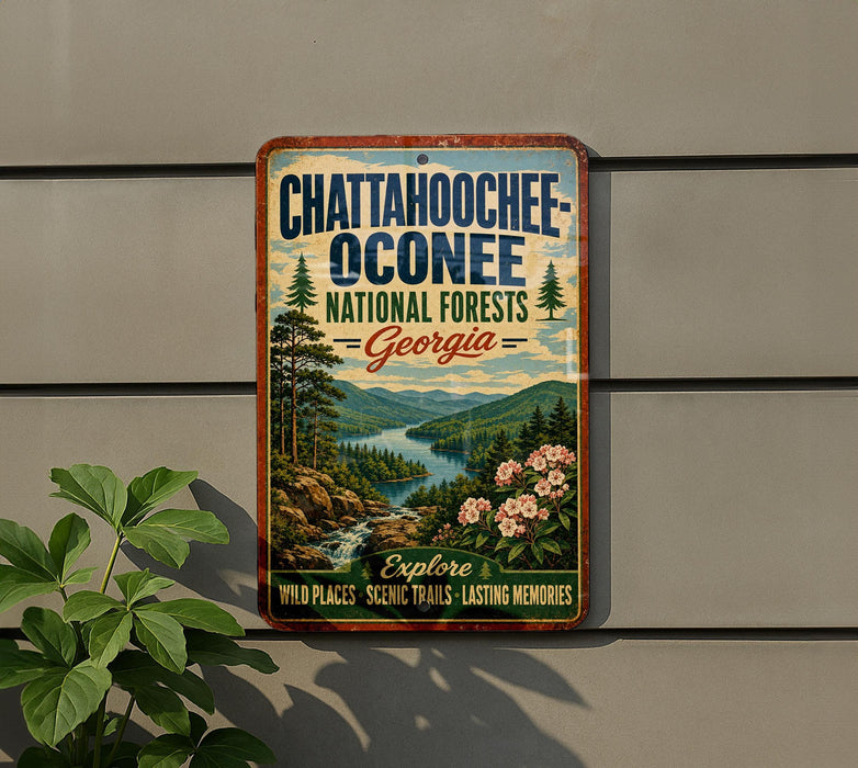 A vintage metal sign advertising the Chattahoochee Oconee National Forests in Georgia, featuring a scenic landscape with mountains, forests, and a river.