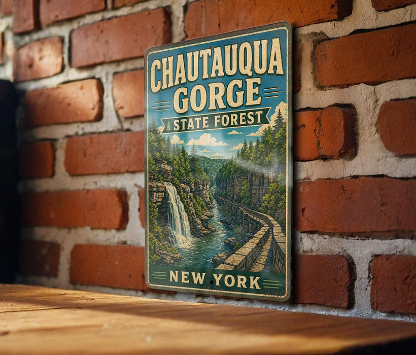 A vintage-style metal sign for Chautauqua Gorge State Forest in New York, featuring a scenic illustration of the gorge with a waterfall and train tracks.