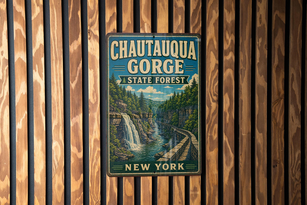 A vintage metal sign for Chautauqua Gorge State Forest in New York, featuring a scenic illustration of a waterfall and forest.
