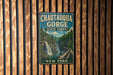 A vintage metal sign for Chautauqua Gorge State Forest in New York, featuring a scenic illustration of a waterfall and forest.