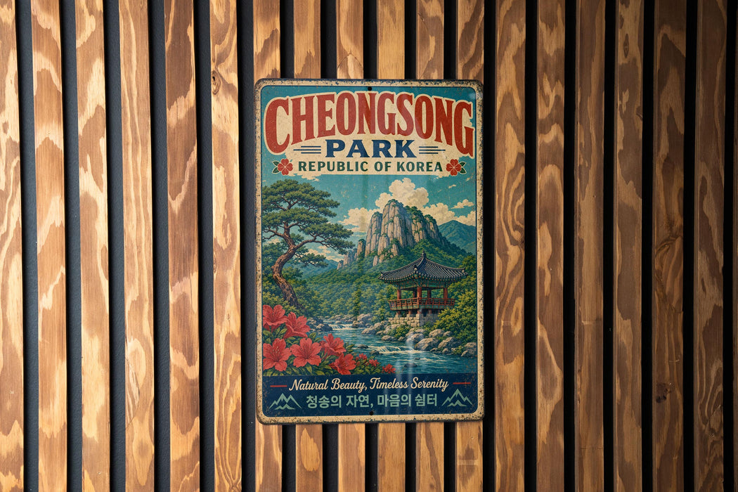 A vintage metal sign for Cheonsong Park, Republic of Korea, featuring a scenic landscape with mountains, trees, and a pagoda-style building.