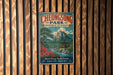 A vintage metal sign for Cheonsong Park, Republic of Korea, featuring a scenic landscape with mountains, trees, and a pagoda-style building.