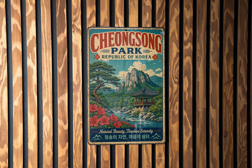 A vintage metal sign for Cheonsong Park, Republic of Korea, featuring a scenic landscape with mountains, trees, and a pagoda-style building.