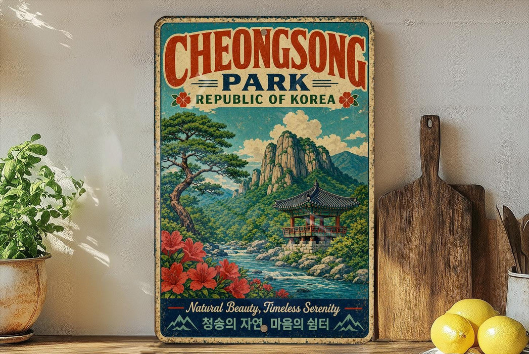a vintage-style sign for Cheong Kong Park, the Republic of Korea, with a scenic landscape of mountains, a pagoda, and a river.