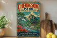 a vintage-style sign for Cheong Kong Park, the Republic of Korea, with a scenic landscape of mountains, a pagoda, and a river.