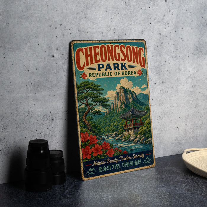 A vintage metal sign for Cheong Song Park, Republic of Korea, featuring a scenic landscape with mountains, trees, and a pagoda.