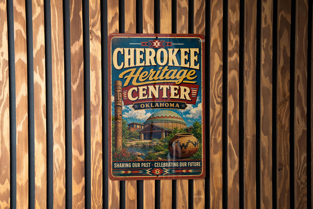 A vintage-style metal sign for the Cherokee Heritage Center in Oklahoma, featuring a colorful illustration of the center's architecture and surrounded by decorative elements.