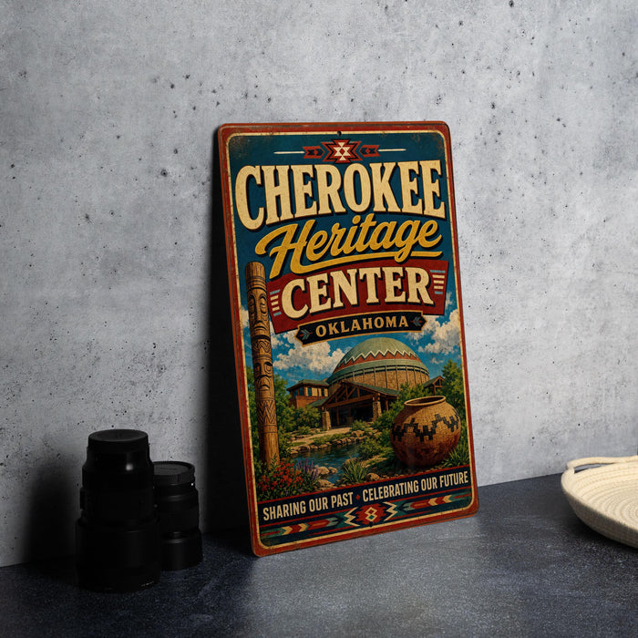 A vintage-style sign for the Cherokee Heritage Center in Oklahoma, featuring a colorful illustration of the center's architecture and surrounded by decorative elements.