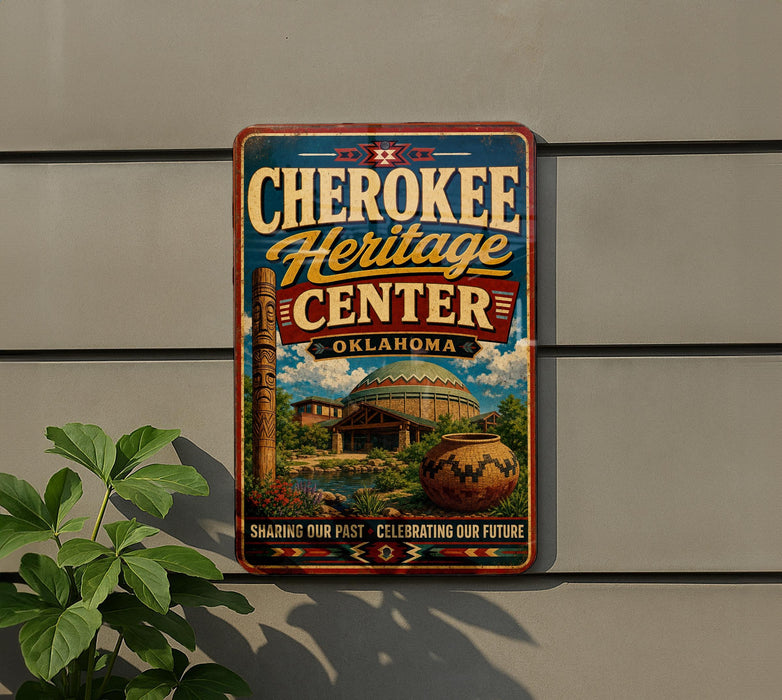 A vintage-style sign for the Cherokee Heritage Center in Oklahoma, featuring a colorful illustration of the center's architecture and surrounding landscape.