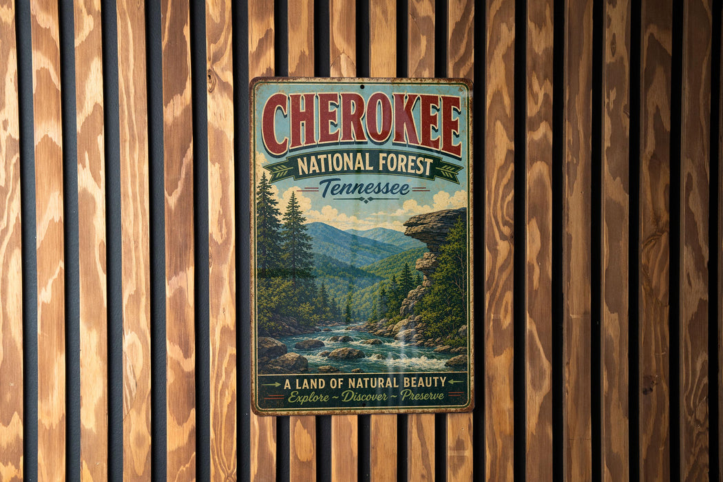 A vintage metal sign for the Cherokee National Forest in Tennessee, featuring a scenic mountain landscape with a river and pine trees.