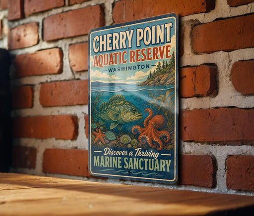 A vintage-style sign for Cherry Point Aquatic Reserve in Washington, featuring an illustration of marine life and the text "Discover a Thriving Marine Sanctuary".