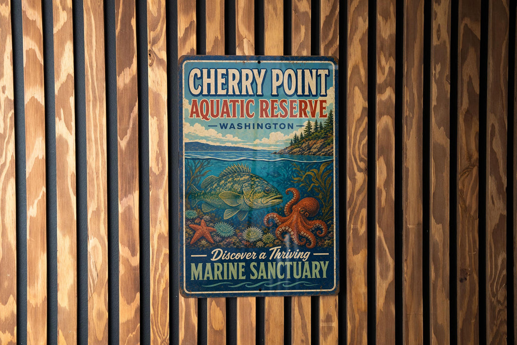 A vintage-style metal sign for Cherry Point Aquatic Reserve in Washington, featuring an illustration of marine life and the text "Discover a Thriving Marine Sanctuary".