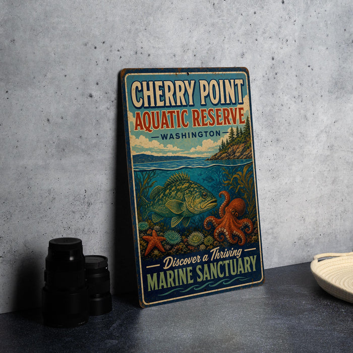 A vintage-style sign for Cherry Point Aquatic Reserve in Washington, featuring illustrations of marine life and the text "Discover a Thriving Marine Sanctuary".