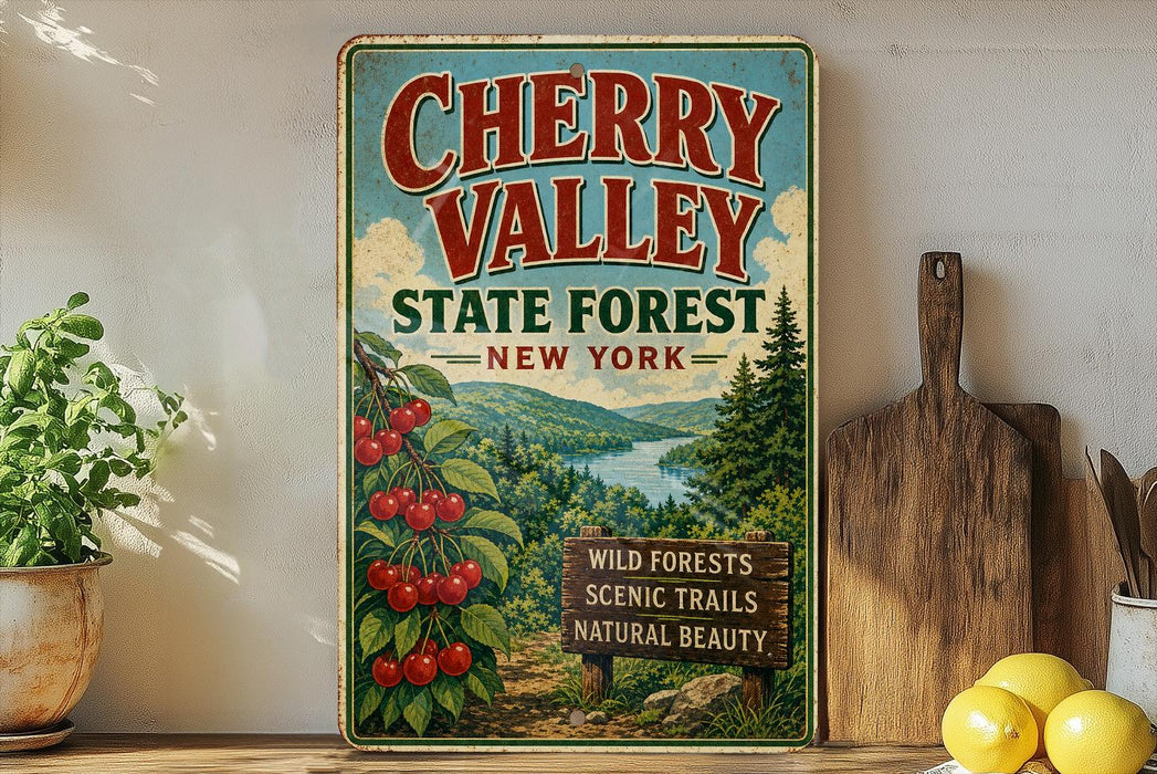 A vintage-style sign for Cherry Valley State Forest in New York, featuring a scenic illustration of cherry trees and a river.
