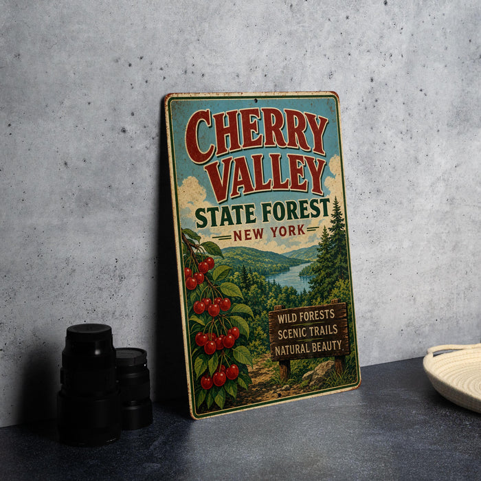 A vintage-style metal sign advertising Cherry Valley State Forest in New York, featuring a scenic illustration of cherry trees and a river.