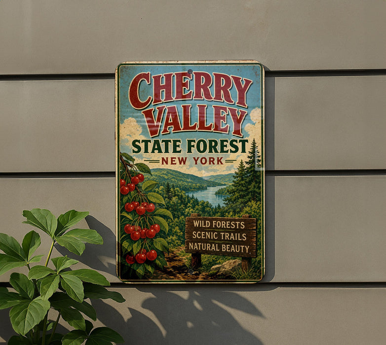 A vintage-style metal sign for Cherry Valley State Forest in New York, featuring a scenic landscape with cherry trees and a river.
