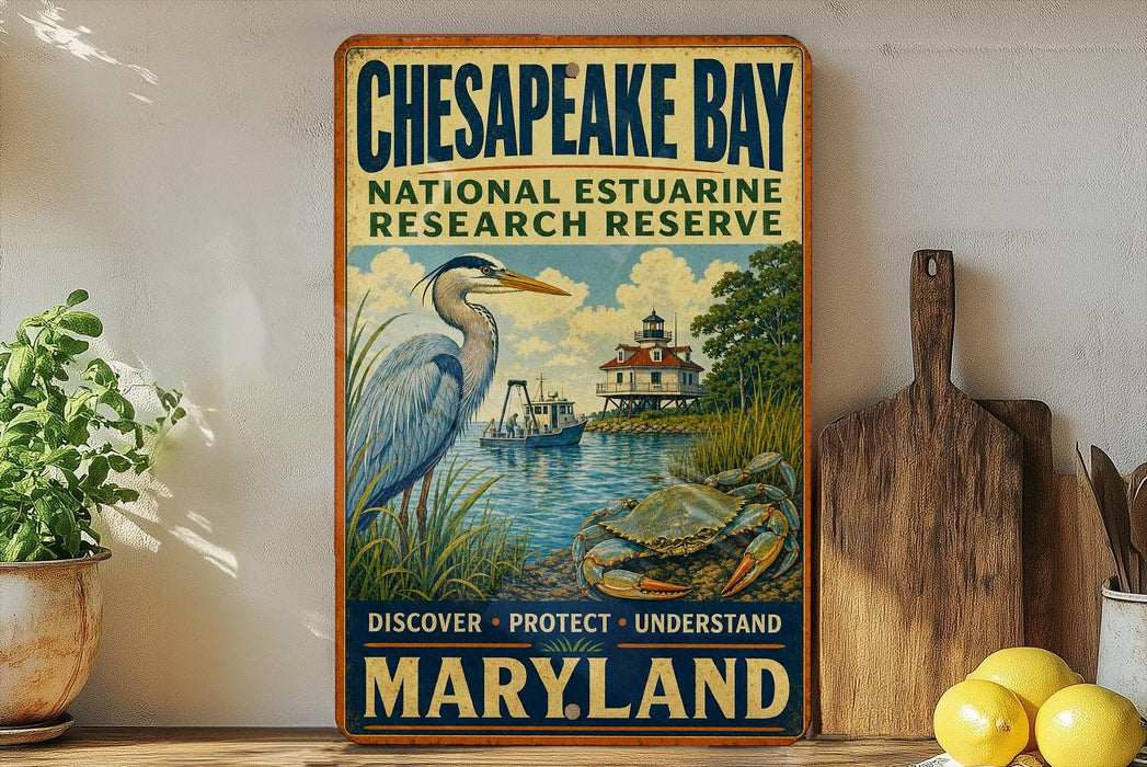 A vintage-style metal sign for Chesapeake Bay National Estuarine Research Reserve, featuring an illustration of a heron and a lighthouse, with the text "Discover, Protect, Understand Maryland".
