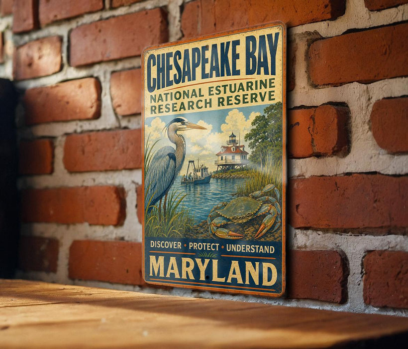 A metal sign with text and an illustration of a bird and a body of water, mounted on a brick wall.