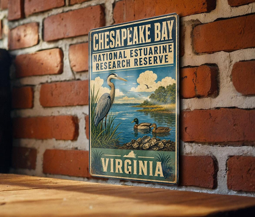 A vintage-style sign for Chesapeake Bay National Estuarine Research Reserve, featuring a heron and ducks in a serene landscape.