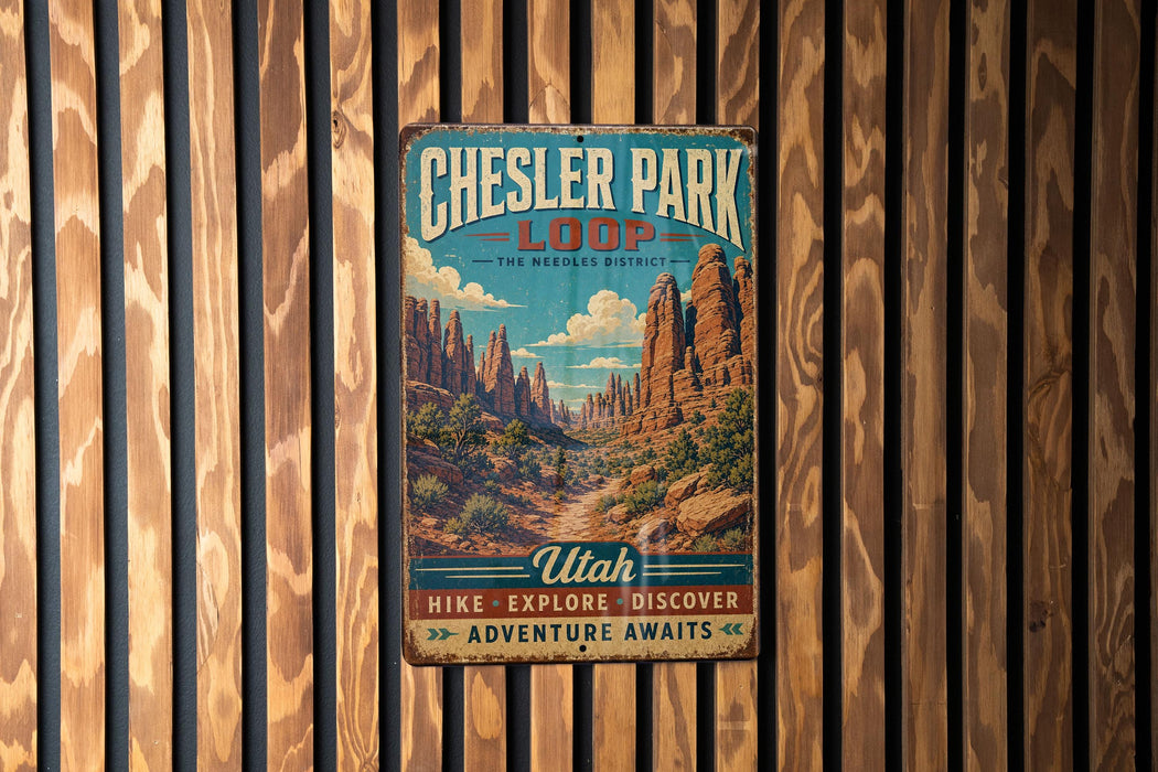 A vintage-style metal sign for Chesler Park Loop in Utah, featuring a scenic illustration of the park's natural landscape.