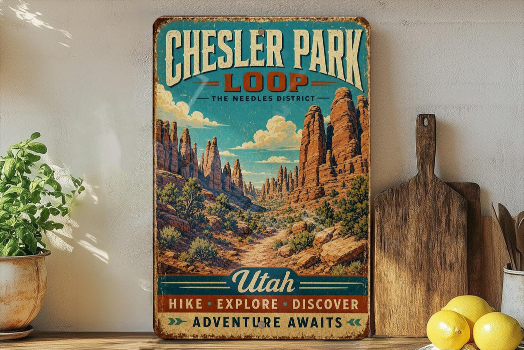 A vintage-style metal sign for Chesler Park Loop, featuring a desert landscape with mountains and a trail, is displayed on a shelf next to a wooden cutting board and some lemons.