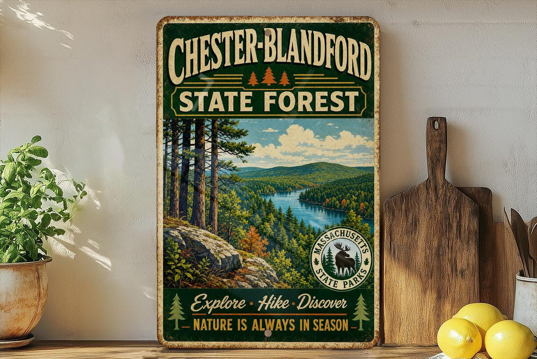 A vintage-style metal sign for Chester-Blandford State Forest, featuring a scenic landscape with pine trees, a river, and mountains.