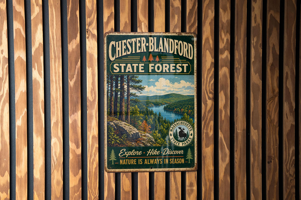 A vintage metal sign for Chester-Blandford State Forest, featuring a scenic landscape with pine trees, a river, and mountains.