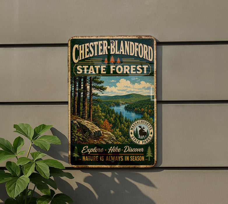 A vintage metal sign for Chester-Blandford State Forest, featuring a scenic landscape with pine trees, a river, and mountains in the background.
