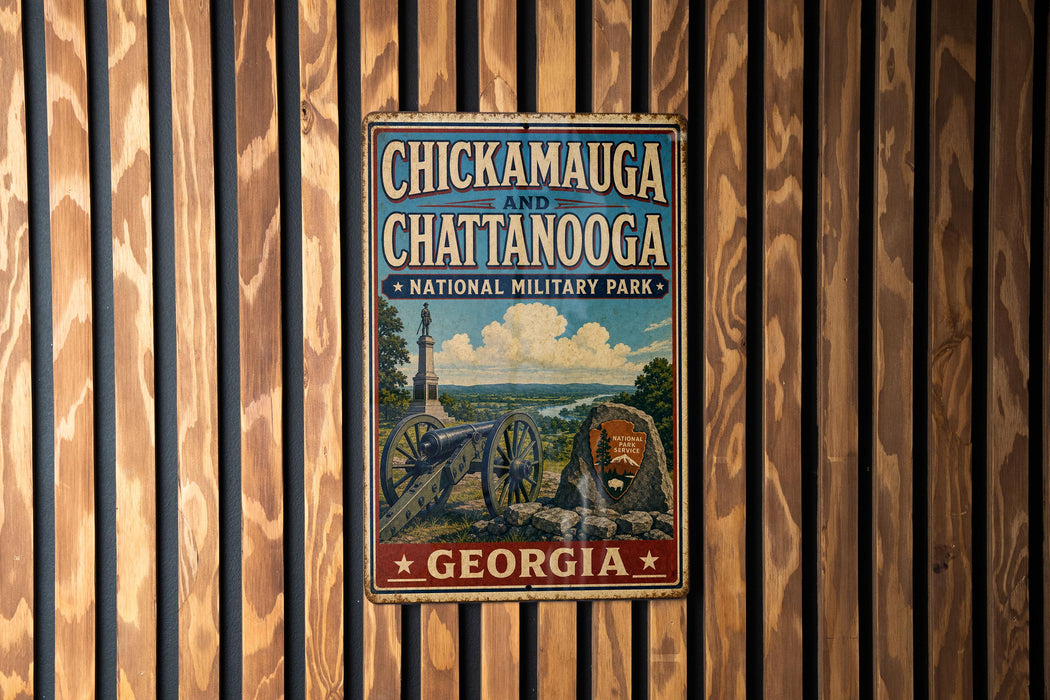 A vintage metal sign with the text "CHICKAMGAUGA AND CHATANOOGA NATIONAL MILITARY PARK GEORGIA" displayed on a wooden wall.