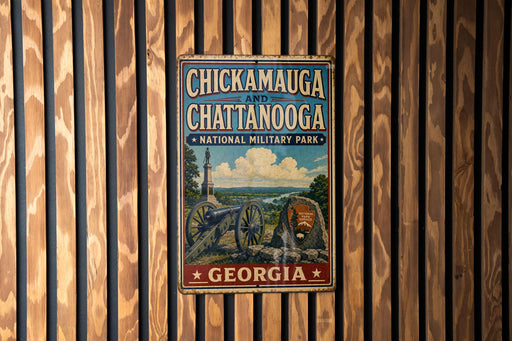 A vintage metal sign with the text "CHICKAMGAUGA AND CHATANOOGA NATIONAL MILITARY PARK GEORGIA" displayed on a wooden wall.