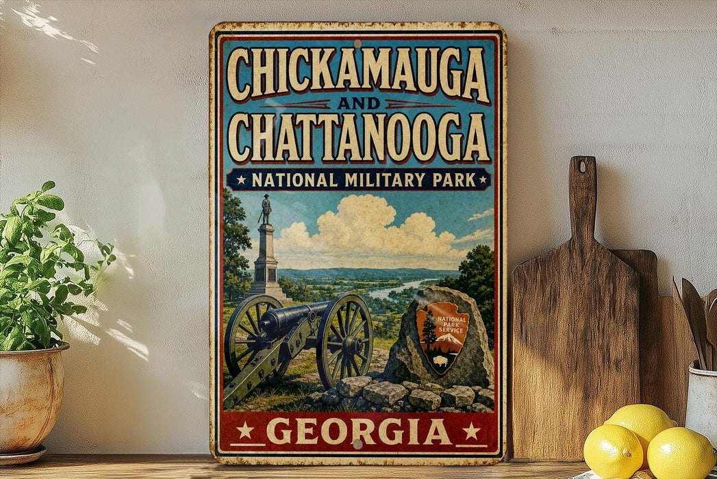 A vintage-style metal sign displaying the text "CHICKAMAUGA AND CHATANOOGA NATIONAL MILITARY PARK GEORGIA" with an illustration of a cannon and a monument.