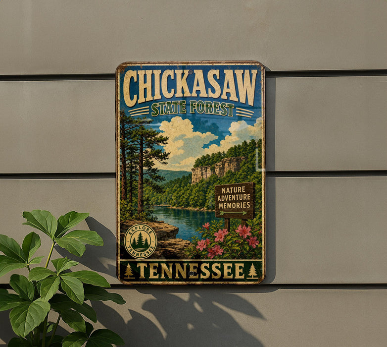 A vintage-style metal sign for Chickasaw State Forest in Tennessee, featuring a scenic landscape with pine trees, a river, and mountains.