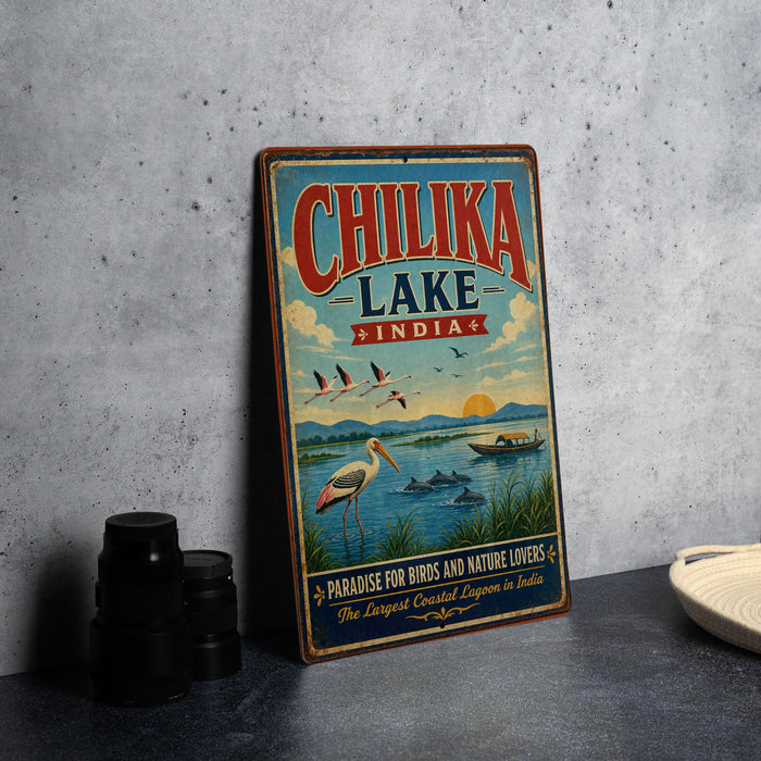 A vintage-style sign for Chilika Lake, India, featuring a scenic illustration of birds, water, and boats.