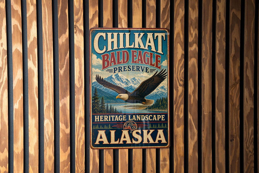 A metal sign with the text "CHILKAT BALD EAGLE PRESERVE HERITAGE LANDSCAPE ALASKA" is displayed on a wooden wall.