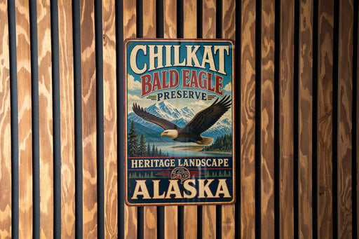 A metal sign with the text "CHILKAT BALD EAGLE PRESERVE HERITAGE LANDSCAPE ALASKA" is displayed on a wooden wall.