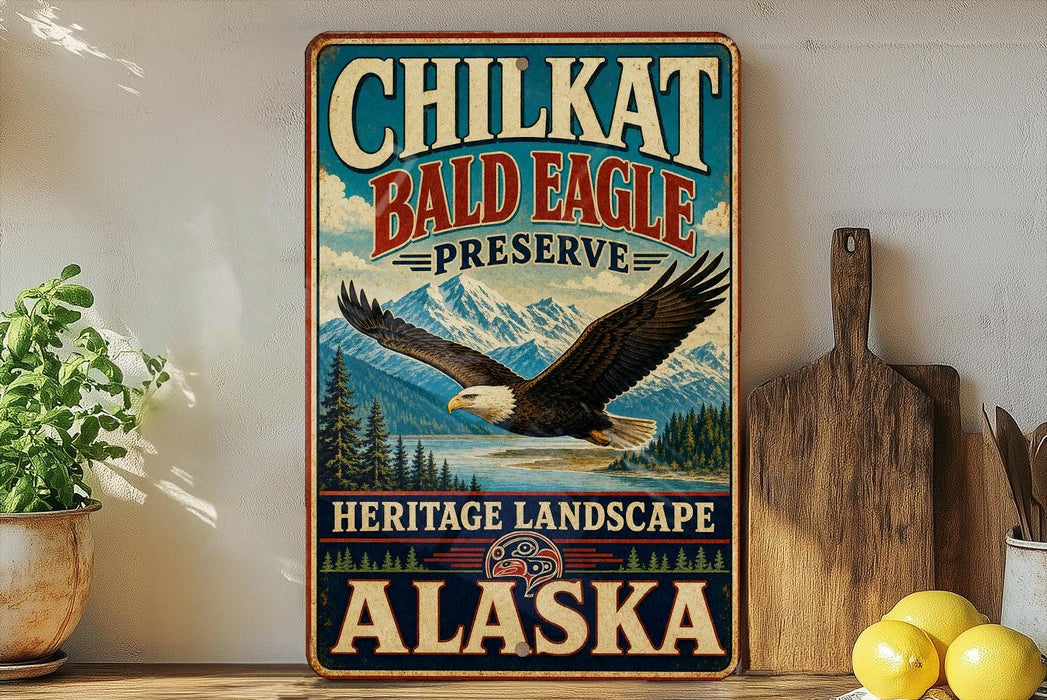 A vintage-style metal sign for Chilkat Bald Eagle Preserve in Alaska, featuring an eagle in flight and a scenic landscape.