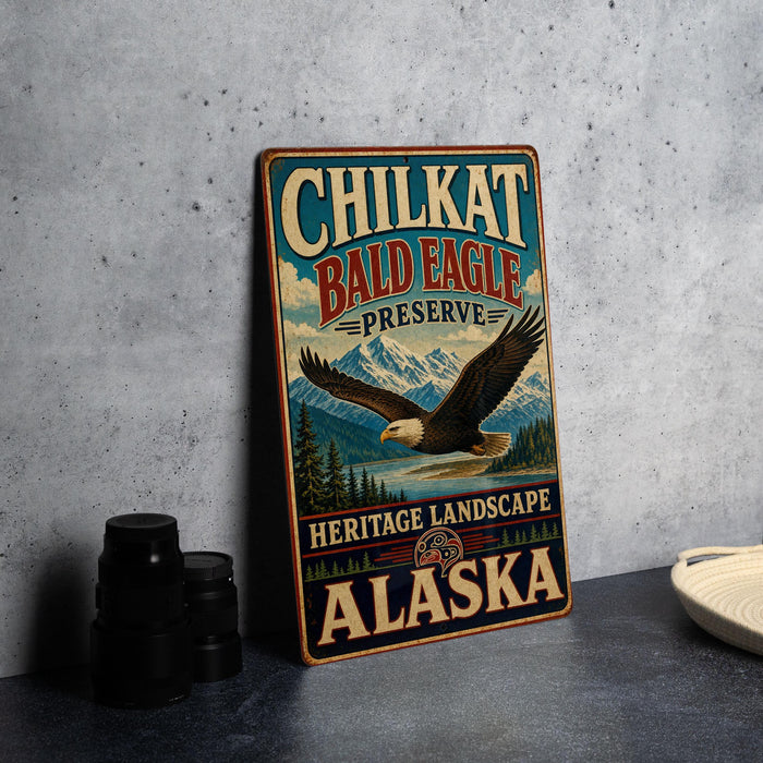 A vintage metal sign for Chilkat Bald Eagle Preserve, featuring an eagle in flight and a scenic landscape, is displayed on a gray countertop.
