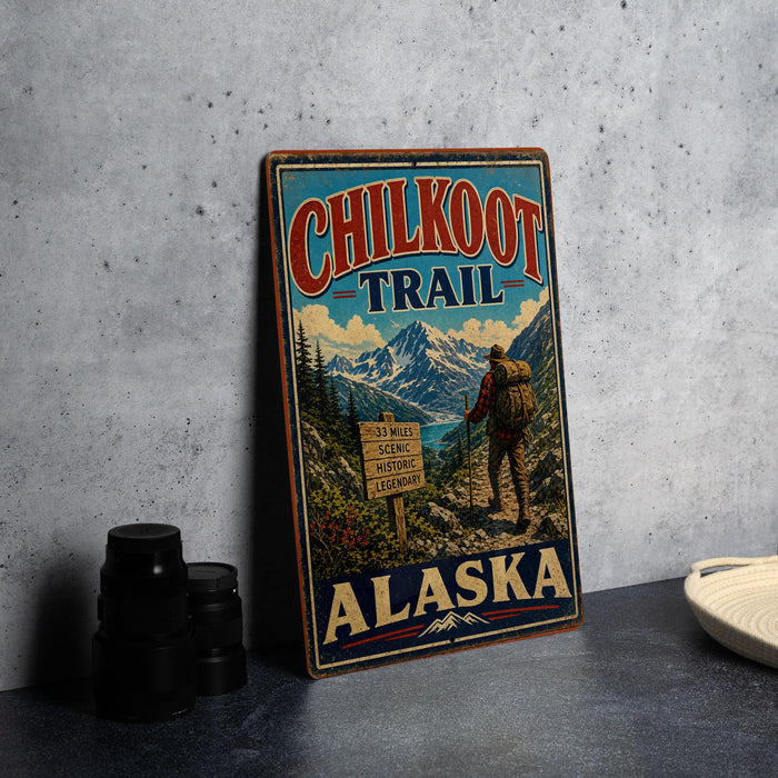 A vintage metal sign for the Chilko Trail in Alaska, featuring a hiker and mountainous landscape.