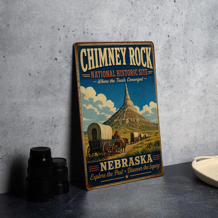 A vintage-style metal sign for the Chimney Rock National Historic Site in Nebraska, featuring an illustration of a wagon train traveling through the area.