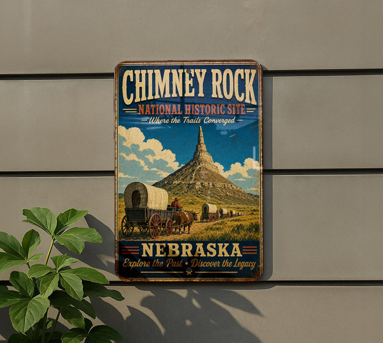A vintage-style metal sign for Chimney Rock National Historic Site in Nebraska, featuring a wagon train and a mountain in the background.