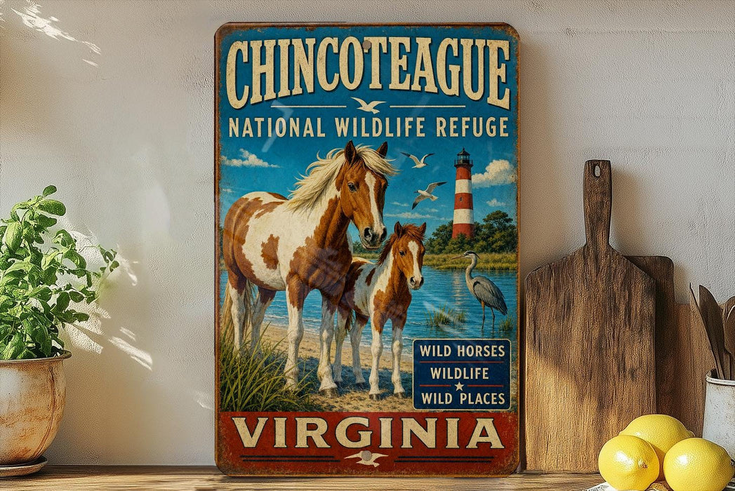a vintage-style metal sign with a painting of two horses and a lighthouse, placed on a wooden surface next to a potted plant and some lemons.