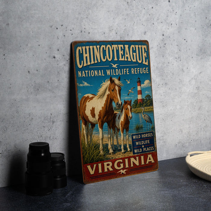 A vintage metal sign for the Chincoteague National Wildlife Refuge in Virginia, featuring an illustration of wild horses and birds in a natural setting.