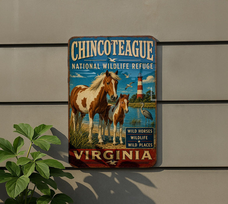 a sign for the Chincoteague National Wildlife Refuge in Virginia, depicting a horse and a bird in a natural setting.