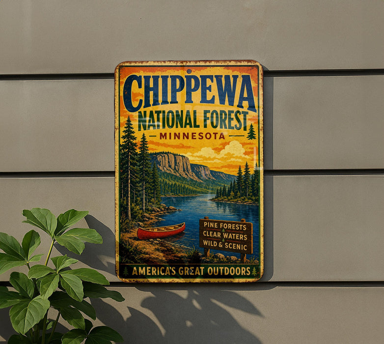 A vintage metal sign for Chippewa National Forest in Minnesota, featuring a scenic illustration of a lake, mountains, and pine forests.
